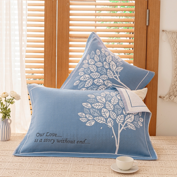 91家纺网 家纺一手货源 找家纺 朴尔家纺-毛巾被 2023新款全棉加厚三层纱布枕巾 发财树兰