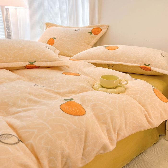 91家纺网 家纺一手货源 找家纺 寐居家纺 2023新款小清新牛奶绒印花四件套 果粒橘子