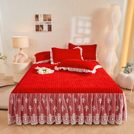 虹星家纺 2023新款牛奶绒夹棉床裙套件清新系列-床裙款单床裙  清新-中国红