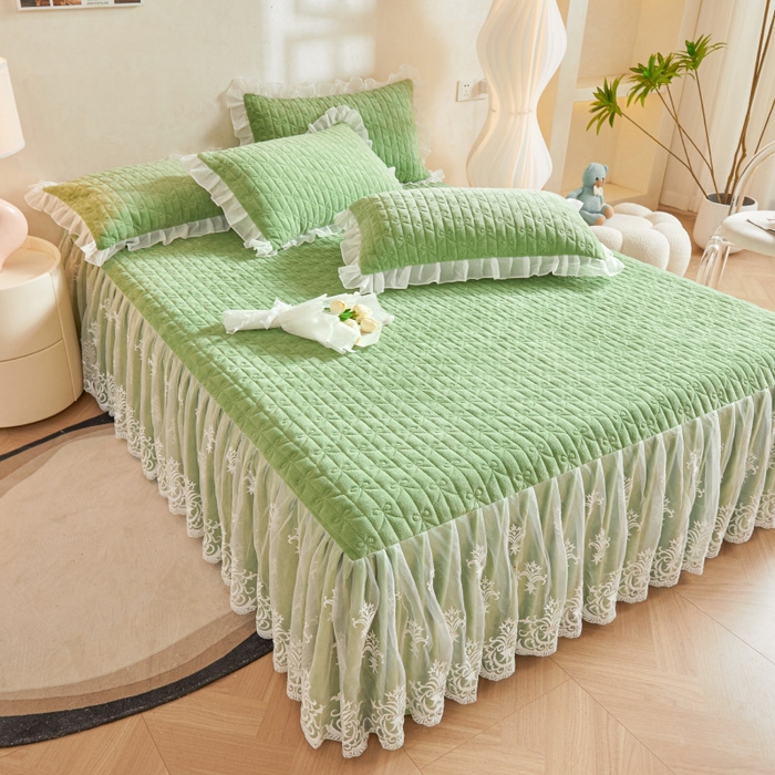 91家纺网 家纺一手货源 找家纺 虹星家纺 2023新款牛奶绒夹棉床裙套件清新系列-床裙款单床裙  清新-牛油果绿