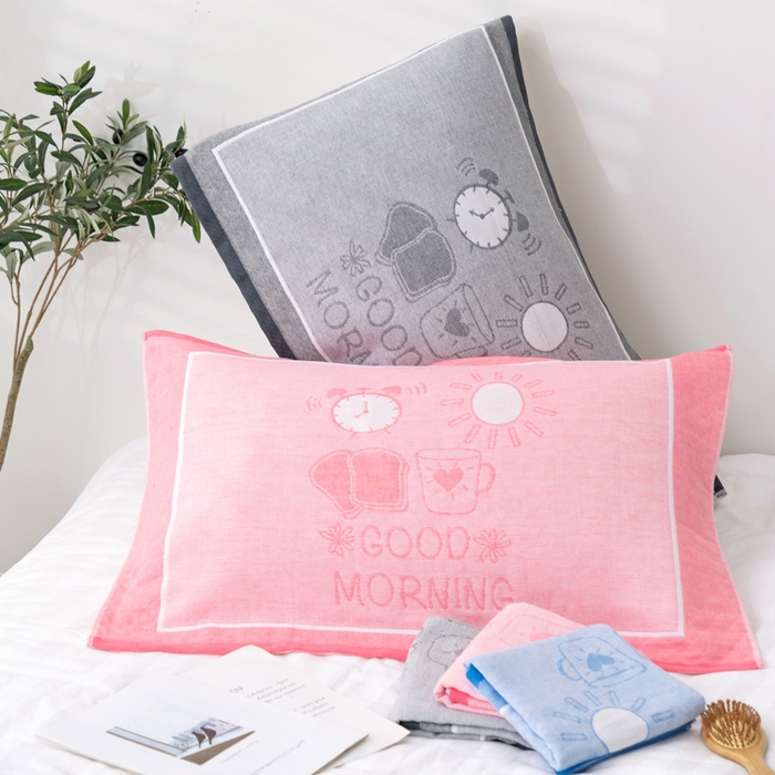 91家纺网 家纺一手货源 找家纺 朴尔家纺-毛巾被 2023新款特惠混纺棉质三层纱布独版AB面枕巾 早安粉