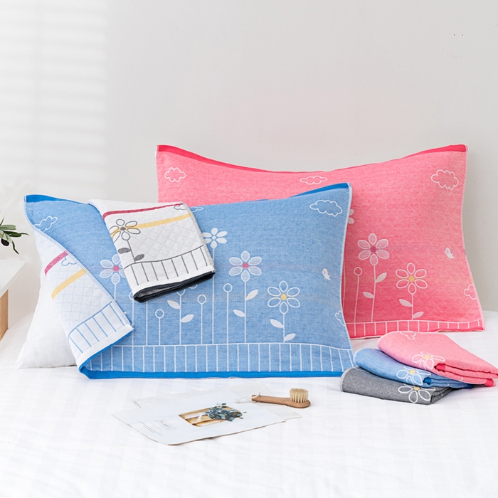 91家纺网 家纺一手货源 找家纺 朴尔家纺-毛巾被 2023新款特惠混纺棉质三层纱布独版AB面枕巾 花中细语兰