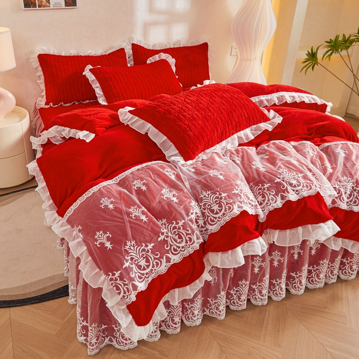 91家纺网 家纺一手货源 找家纺 虹星家纺 2023新款牛奶绒夹棉床裙套件清新系列-床裙款四件套 清新-中国红