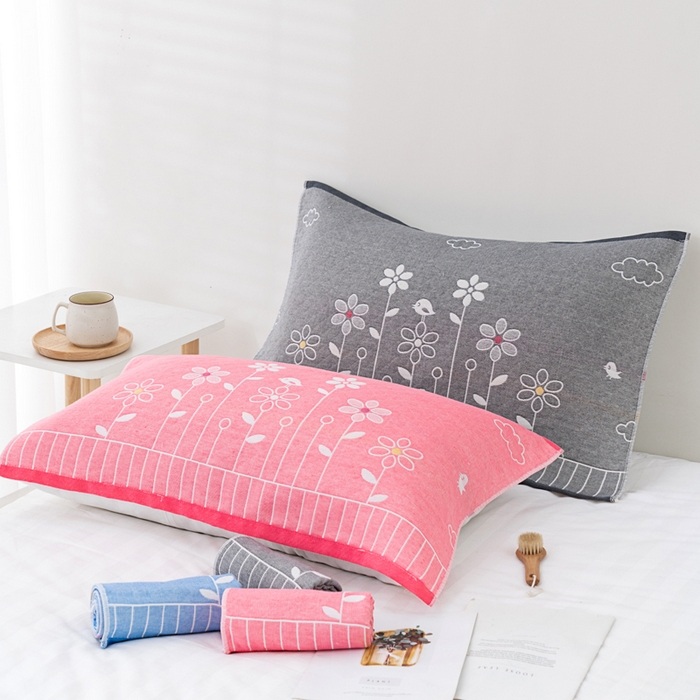 91家纺网 家纺一手货源 找家纺 朴尔家纺-毛巾被 2023新款特惠混纺棉质三层纱布独版AB面枕巾 花中细语兰