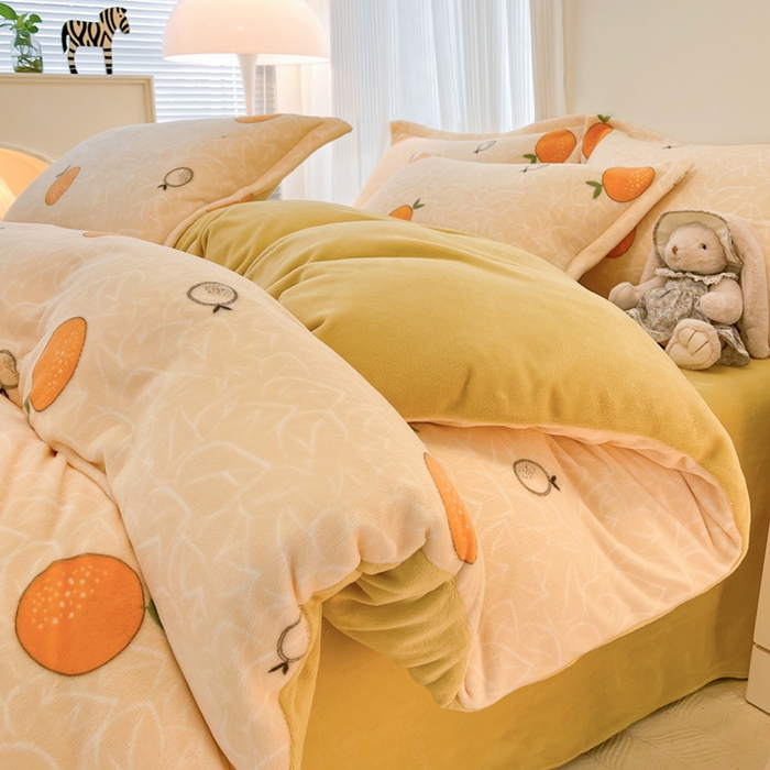 91家纺网 家纺一手货源 找家纺 寐居家纺 2023新款小清新牛奶绒印花四件套 果粒橘子