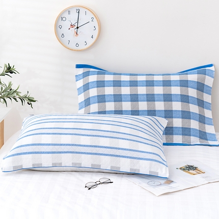 朴尔家纺-毛巾被 2023新款特惠混纺棉质三层纱布独版AB面枕巾 格韵蓝