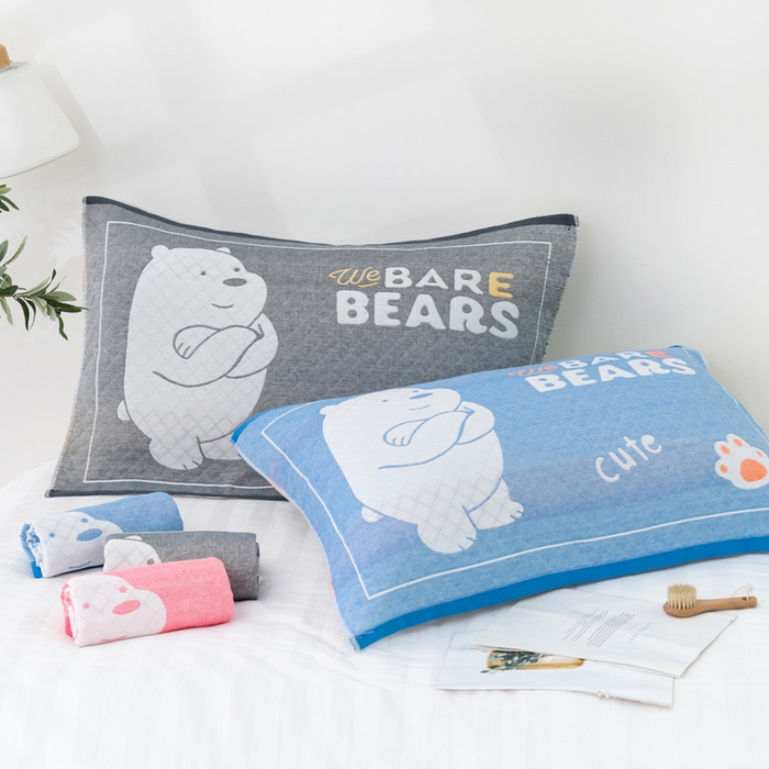 91家纺网 家纺一手货源 找家纺 朴尔家纺-毛巾被 2023新款特惠混纺棉质三层纱布独版AB面枕巾 白熊蓝