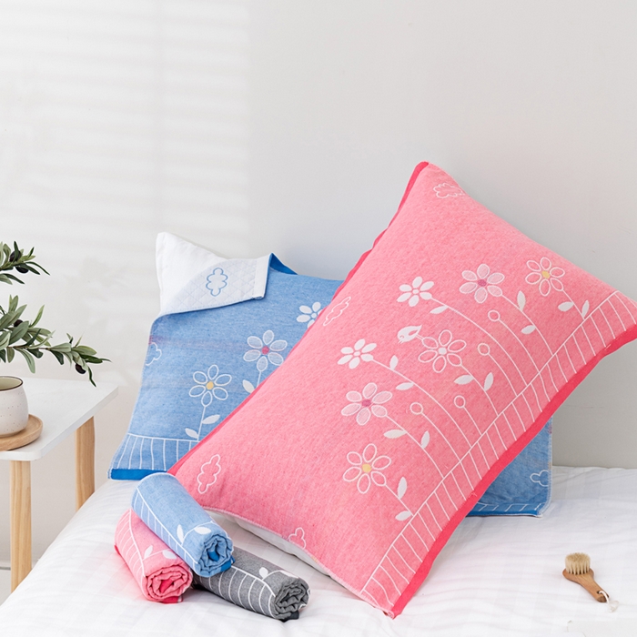 91家纺网 家纺一手货源 找家纺 朴尔家纺-毛巾被 2023新款特惠混纺棉质三层纱布独版AB面枕巾 花中细语灰