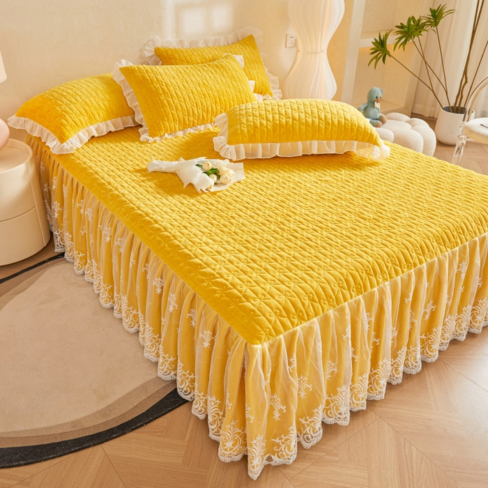 91家纺网 家纺一手货源 找家纺 虹星家纺 2023新款牛奶绒夹棉床裙套件清新系列-床裙款单床裙  清新-鹅黄