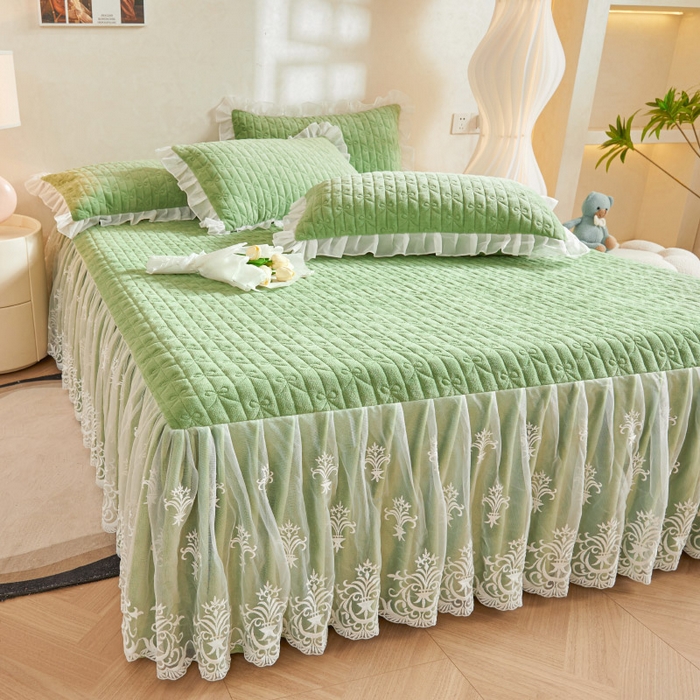 91家纺网 家纺一手货源 找家纺 虹星家纺 2023新款牛奶绒夹棉床裙套件清新系列-床裙款单床裙  清新-牛油果绿