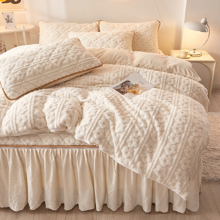 91家纺网 家纺一手货源 找家纺 恋尚 2023新款塔芙绒床笠加床裙四件套可脱卸款 塔芙绒-米白