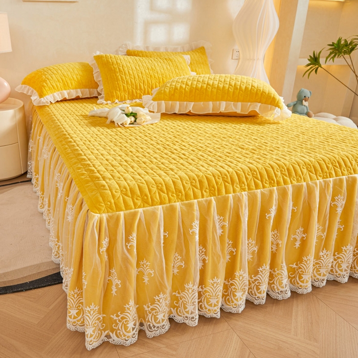 91家纺网 家纺一手货源 找家纺 虹星家纺 2023新款牛奶绒夹棉床裙套件清新系列-床裙款单床裙  清新-鹅黄