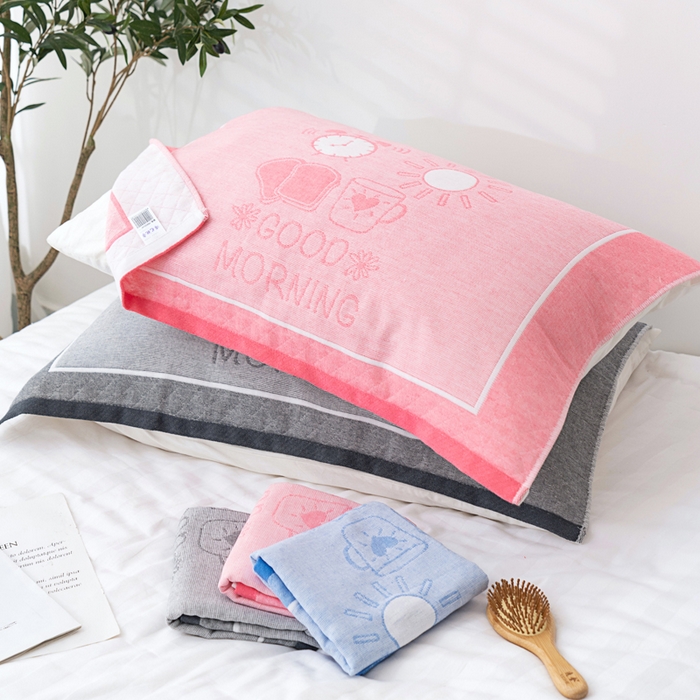 91家纺网 家纺一手货源 找家纺 朴尔家纺-毛巾被 2023新款特惠混纺棉质三层纱布独版AB面枕巾 早安灰