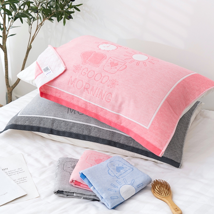 91家纺网 家纺一手货源 找家纺 朴尔家纺-毛巾被 2023新款特惠混纺棉质三层纱布独版AB面枕巾 早安蓝