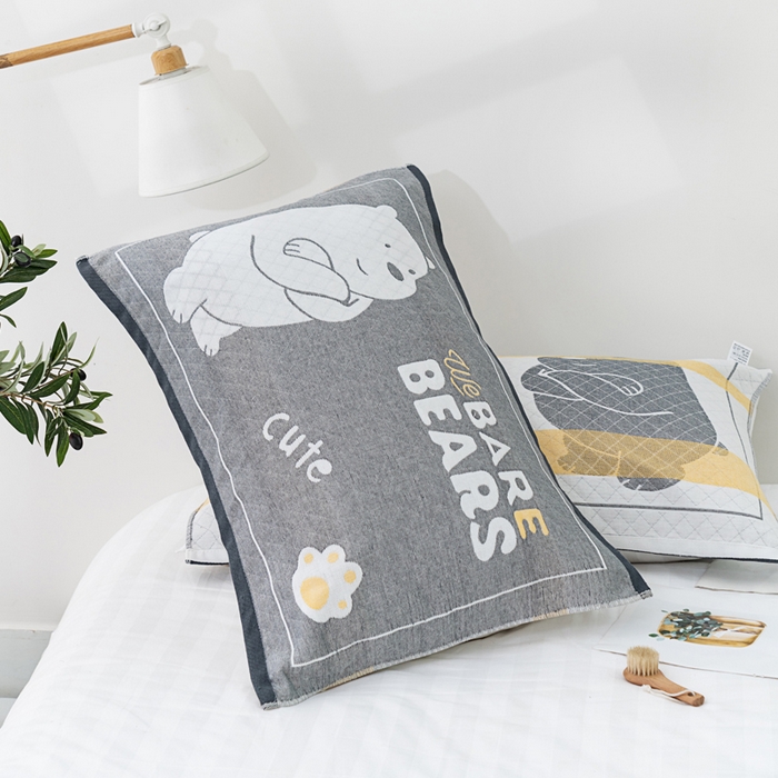 91家纺网 家纺一手货源 找家纺 朴尔家纺-毛巾被 2023新款特惠混纺棉质三层纱布独版AB面枕巾 白熊灰