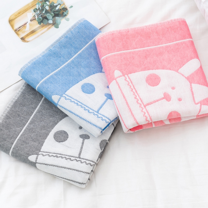 91家纺网 家纺一手货源 找家纺 朴尔家纺-毛巾被 2023新款特惠混纺棉质三层纱布独版AB面枕巾 雨伞熊蓝