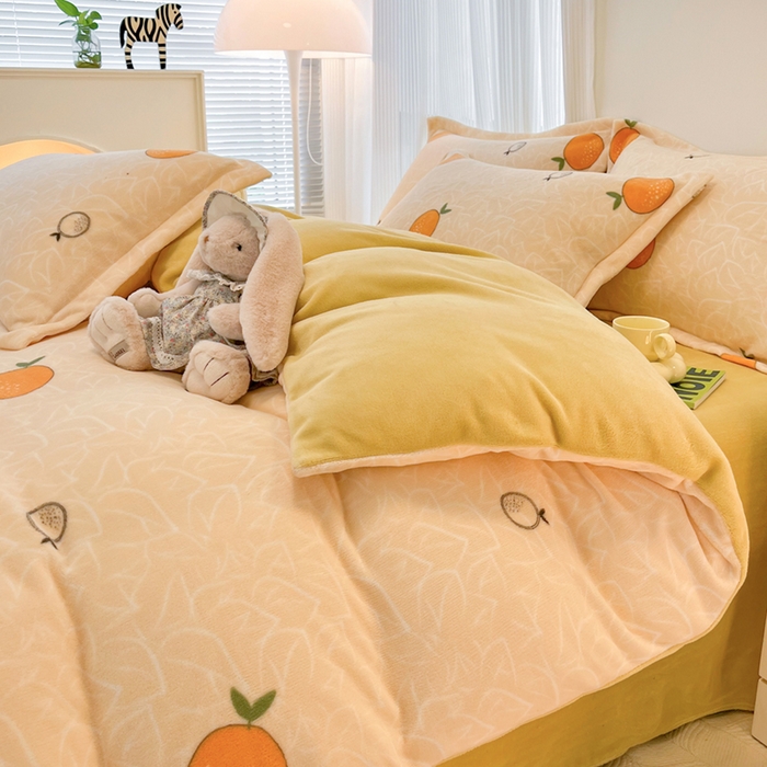 91家纺网 家纺一手货源 找家纺 寐居家纺 2023新款小清新牛奶绒印花四件套 果粒橘子