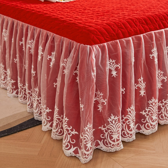 91家纺网 家纺一手货源 找家纺 虹星家纺 2023新款牛奶绒夹棉床裙套件清新系列-床裙款单床裙  清新-中国红