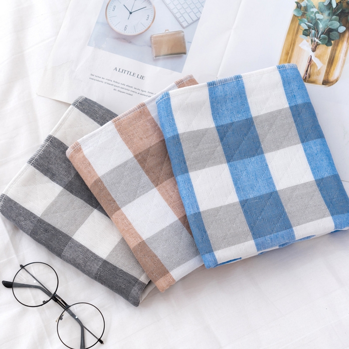 91家纺网 家纺一手货源 找家纺 朴尔家纺-毛巾被 2023新款特惠混纺棉质三层纱布独版AB面枕巾 格韵蓝