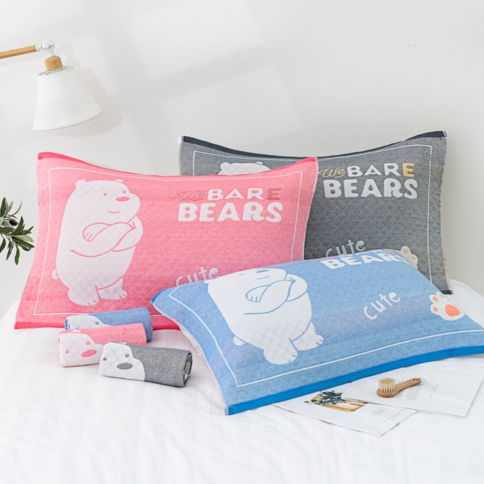 91家纺网 家纺一手货源 找家纺 朴尔家纺-毛巾被 2023新款特惠混纺棉质三层纱布独版AB面枕巾 白熊蓝