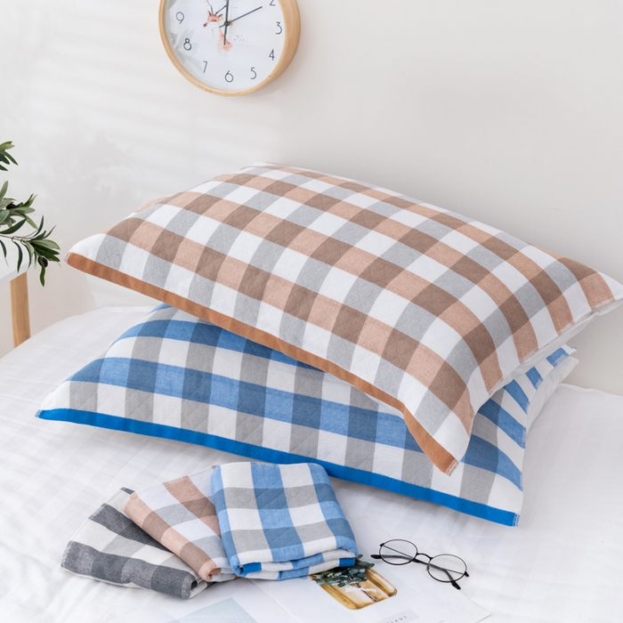 91家纺网 家纺一手货源 找家纺 朴尔家纺-毛巾被 2023新款特惠混纺棉质三层纱布独版AB面枕巾 格韵蓝