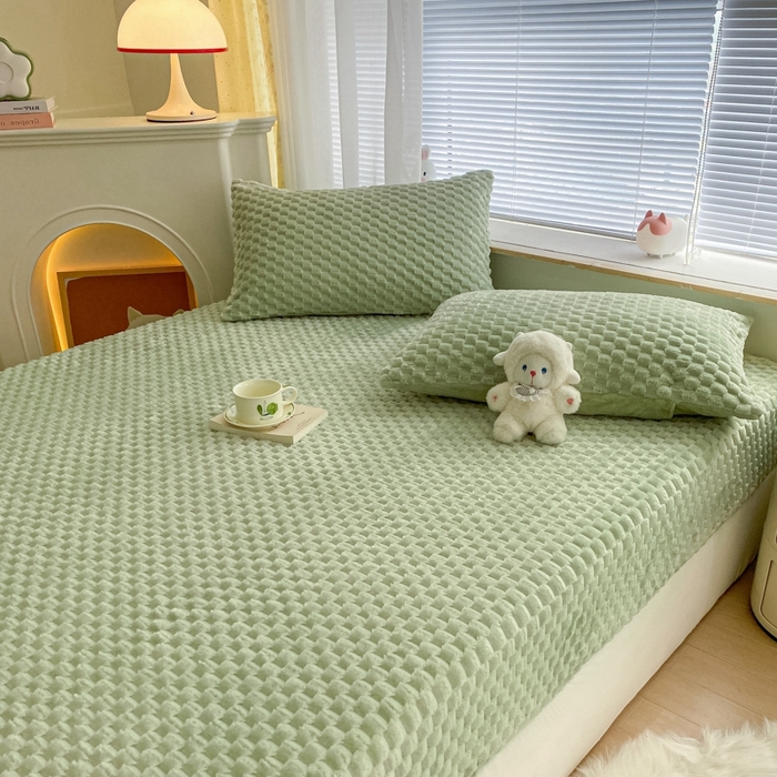 91家纺网 家纺一手货源 找家纺 欧邦 新款A类提花豆豆绒金龟绒床笠 床笠-豆绿