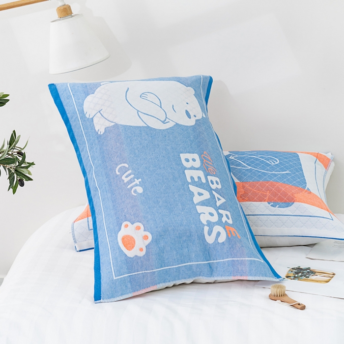 91家纺网 家纺一手货源 找家纺 朴尔家纺-毛巾被 2023新款特惠混纺棉质三层纱布独版AB面枕巾 白熊蓝