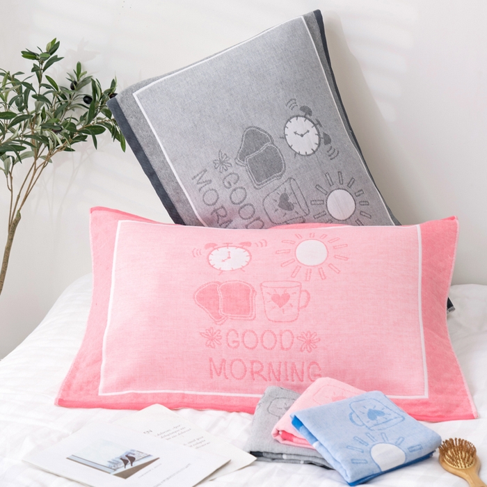 91家纺网 家纺一手货源 找家纺 朴尔家纺-毛巾被 2023新款特惠混纺棉质三层纱布独版AB面枕巾 早安蓝