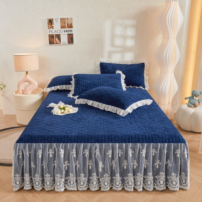 91家纺网 家纺一手货源 找家纺 虹星家纺 2023新款牛奶绒夹棉床裙套件清新系列-床裙款单床裙  清新-藏青