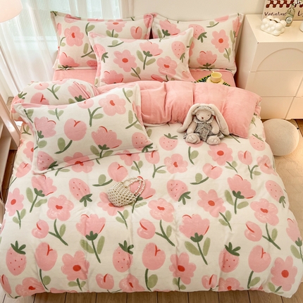 寐居家纺 2023新款小清新牛奶绒印花四件套 甜蜜花园