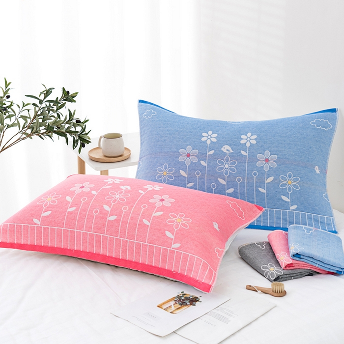 91家纺网 家纺一手货源 找家纺 朴尔家纺-毛巾被 2023新款特惠混纺棉质三层纱布独版AB面枕巾 花中细语灰