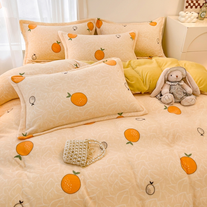 91家纺网 家纺一手货源 找家纺 寐居家纺 2023新款小清新牛奶绒印花被套 果粒橘子