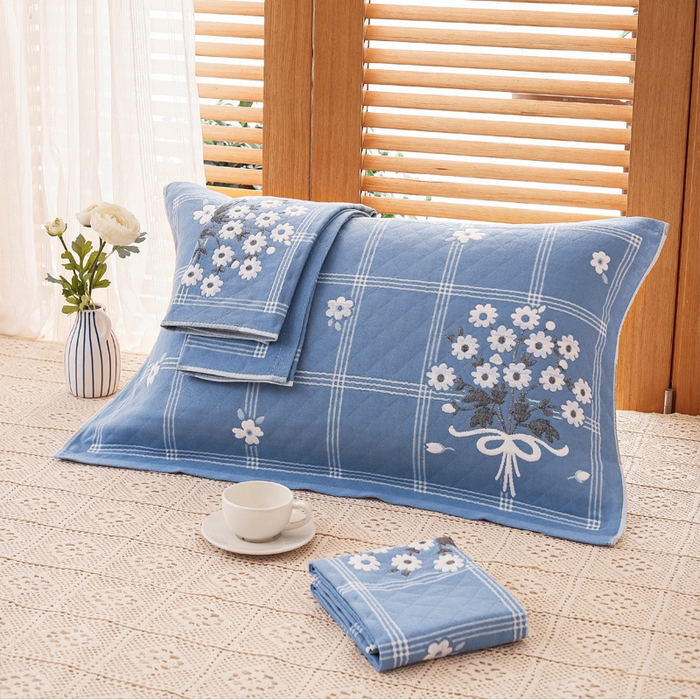 91家纺网 家纺一手货源 找家纺 朴尔家纺-毛巾被 2023新款全棉加厚三层纱布枕巾 手捧花兰