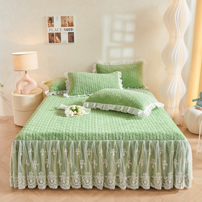 91家纺网 家纺一手货源 找家纺 虹星家纺 2023新款牛奶绒夹棉床裙套件清新系列-床裙款单床裙  清新-牛油果绿