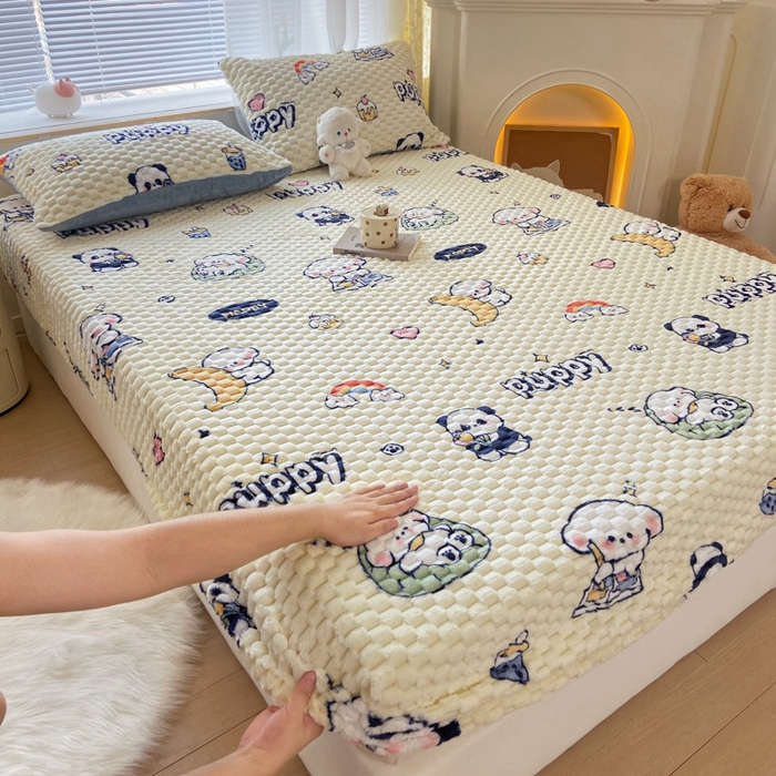 91家纺网 家纺一手货源 找家纺 欧邦 新款A类提花豆豆绒金龟绒床笠 床笠-熊多多