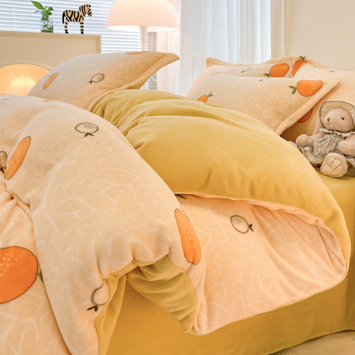 91家纺网 家纺一手货源 找家纺 寐居家纺 2023新款小清新牛奶绒印花被套 果粒橘子