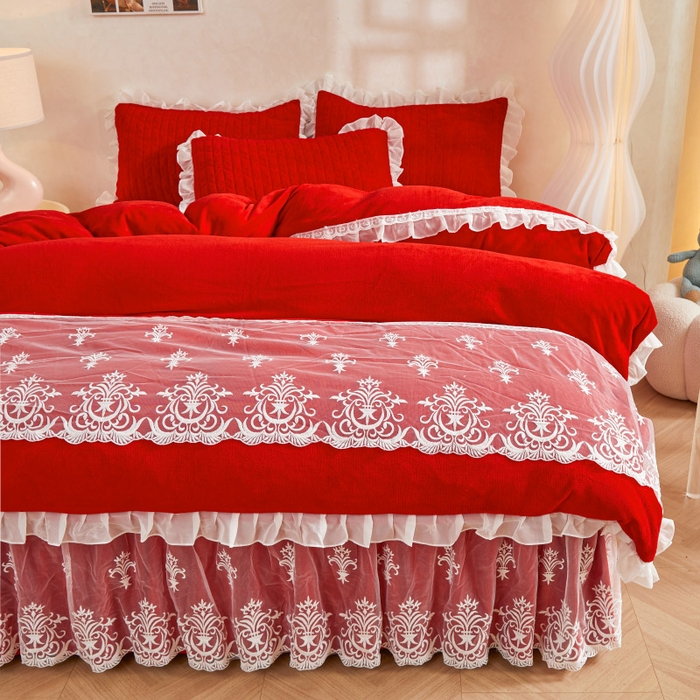 91家纺网 家纺一手货源 找家纺 虹星家纺 2023新款牛奶绒夹棉床裙套件清新系列-床裙款四件套 清新-中国红