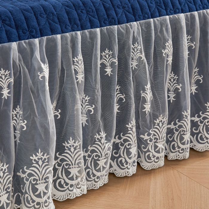 91家纺网 家纺一手货源 找家纺 虹星家纺 2023新款牛奶绒夹棉床裙套件清新系列-床裙款单床裙  清新-藏青