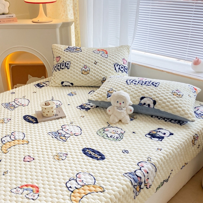 91家纺网 家纺一手货源 找家纺 欧邦 新款A类提花豆豆绒金龟绒床笠 床笠-熊多多