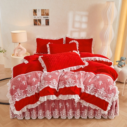 91家纺网 家纺一手货源 找家纺 虹星家纺 2023新款牛奶绒夹棉床裙套件清新系列-床裙款四件套 清新-中国红