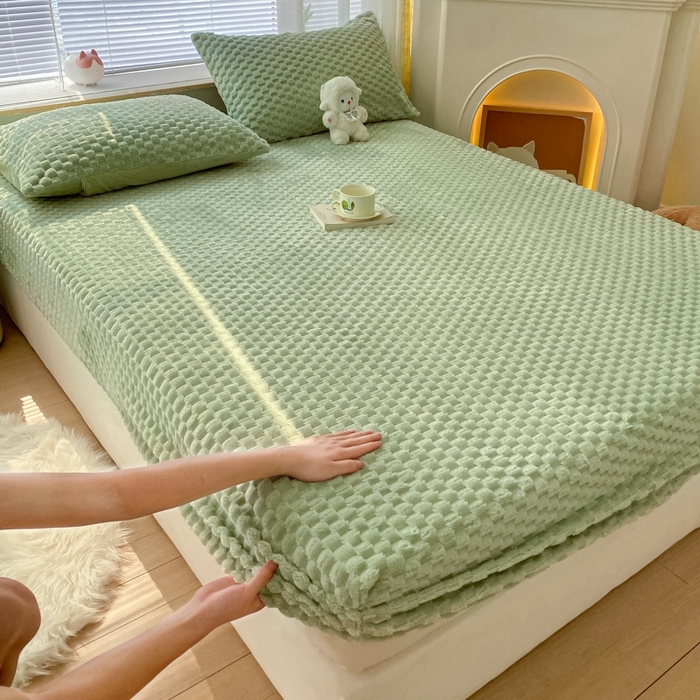 91家纺网 家纺一手货源 找家纺 欧邦 新款A类提花豆豆绒金龟绒床笠 床笠-豆绿