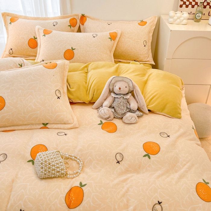 91家纺网 家纺一手货源 找家纺 寐居家纺 2023新款小清新牛奶绒印花四件套 果粒橘子