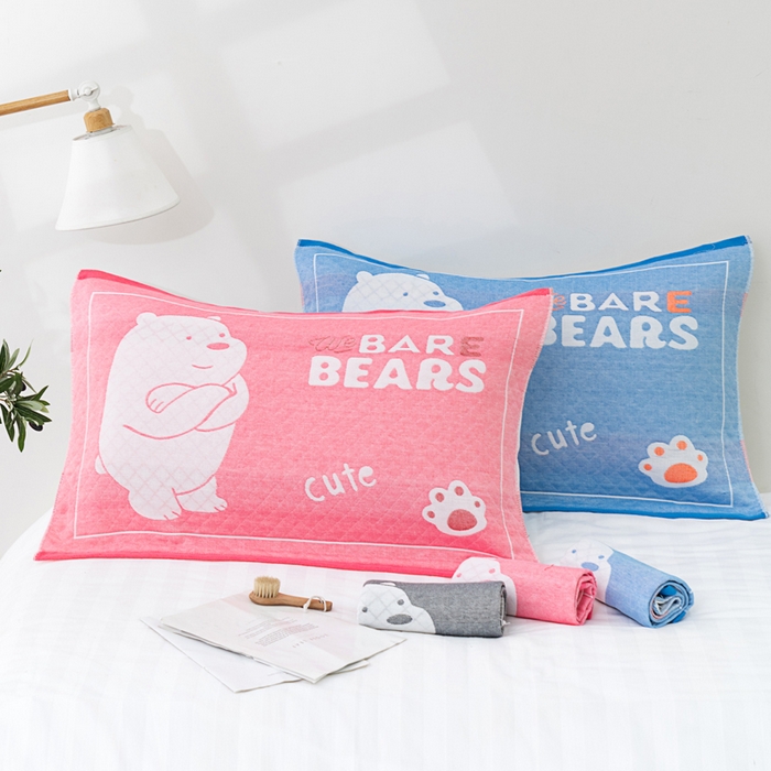 91家纺网 家纺一手货源 找家纺 朴尔家纺-毛巾被 2023新款特惠混纺棉质三层纱布独版AB面枕巾 白熊蓝