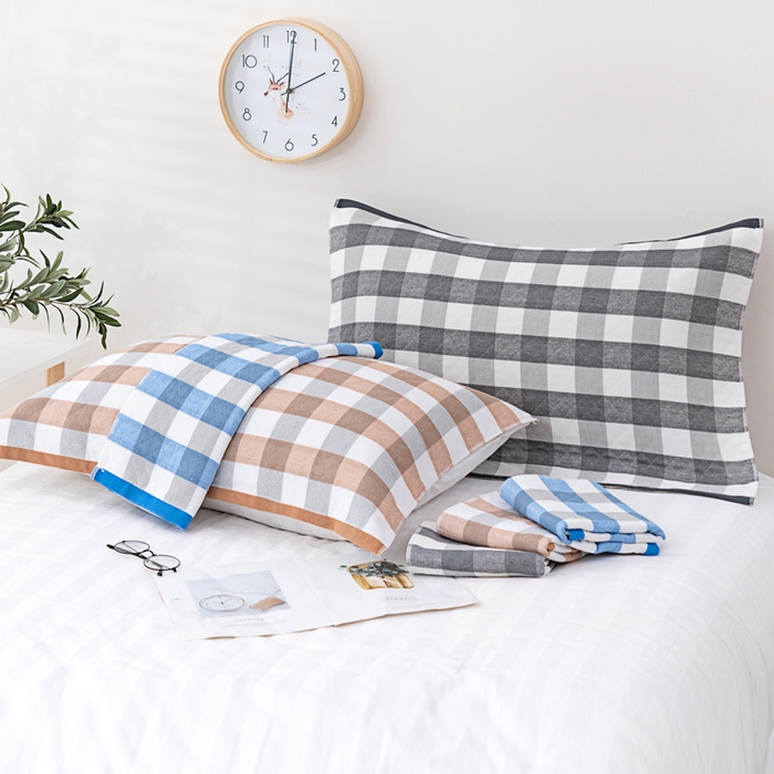 91家纺网 家纺一手货源 找家纺 朴尔家纺-毛巾被 2023新款特惠混纺棉质三层纱布独版AB面枕巾 格韵咖啡