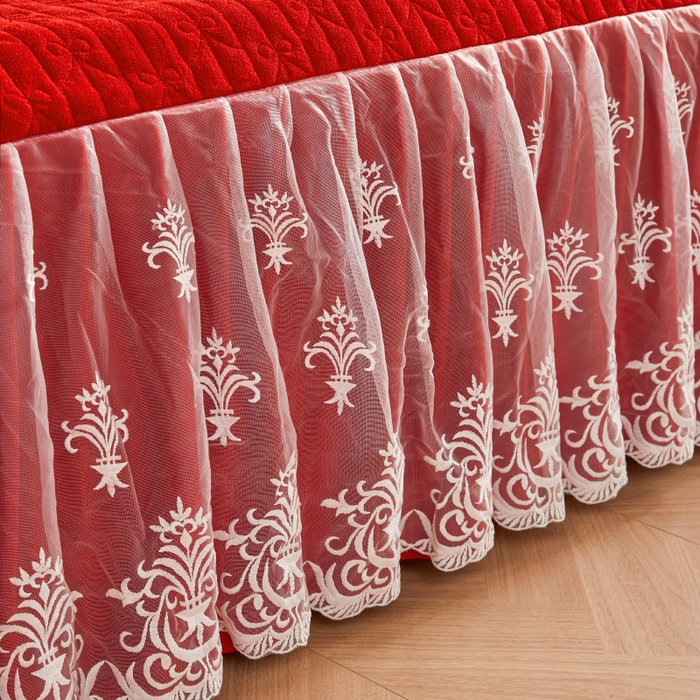 91家纺网 家纺一手货源 找家纺 虹星家纺 2023新款牛奶绒夹棉床裙套件清新系列-床裙款单床裙  清新-中国红