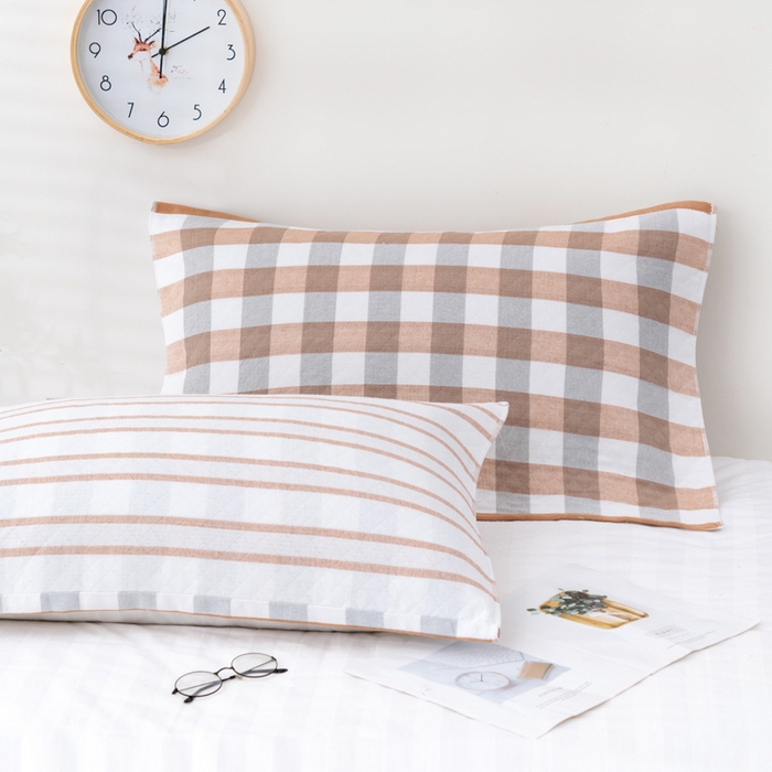 91家纺网 家纺一手货源 找家纺 朴尔家纺-毛巾被 2023新款特惠混纺棉质三层纱布独版AB面枕巾 格韵咖啡