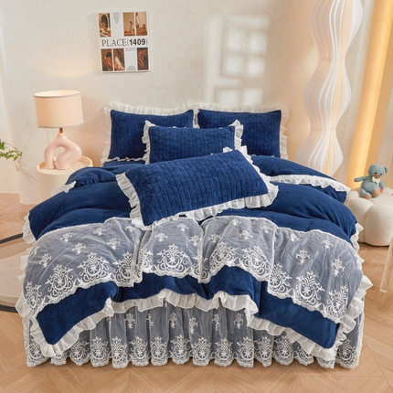 虹星家纺 2023新款牛奶绒夹棉床裙套件清新系列-床裙款四件套 清新-藏青