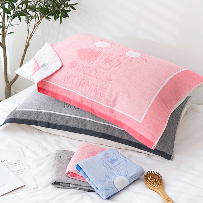 91家纺网 家纺一手货源 找家纺 朴尔家纺-毛巾被 2023新款特惠混纺棉质三层纱布独版AB面枕巾 早安粉