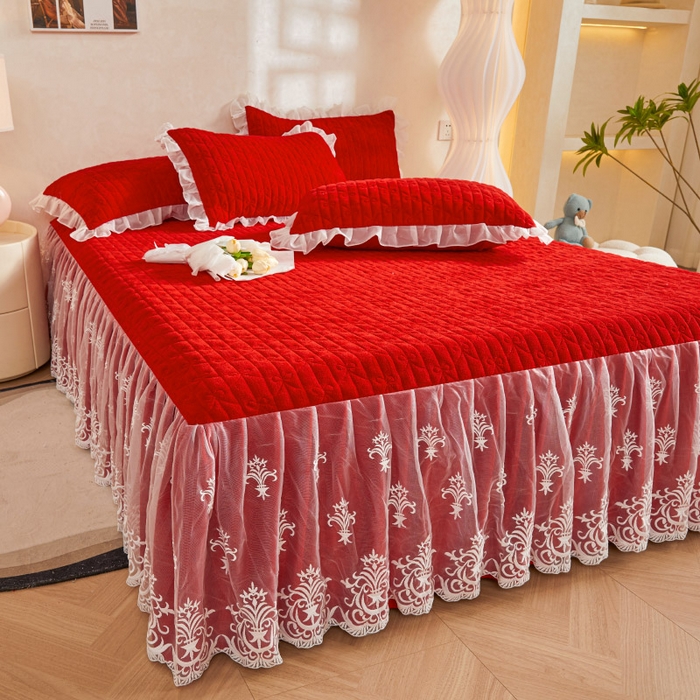 91家纺网 家纺一手货源 找家纺 虹星家纺 2023新款牛奶绒夹棉床裙套件清新系列-床裙款单床裙  清新-中国红