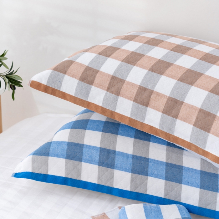 91家纺网 家纺一手货源 找家纺 朴尔家纺-毛巾被 2023新款特惠混纺棉质三层纱布独版AB面枕巾 格韵蓝